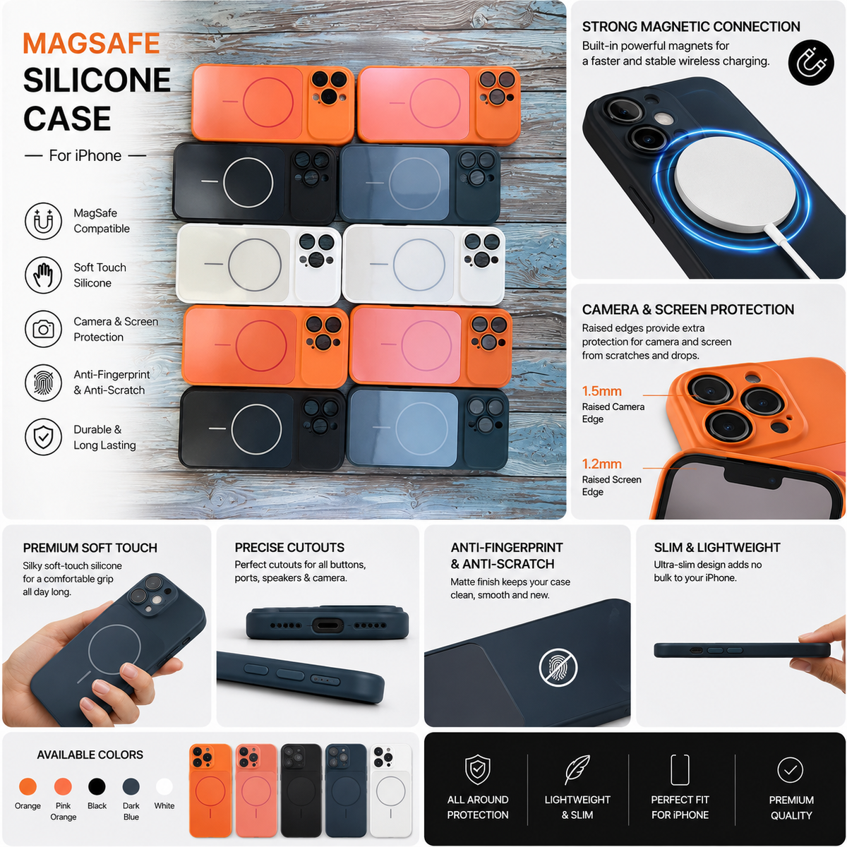 A promotional infographic for the Magsafe silicone case, showing multiple color options (orange, coral, pink, blue, gray, white) arranged in a grid on a light gray background. The infographic includes feature callouts such as MagSafe compatibility, touch silicone, camera and screen protection, and a demonstration of the magnetic connection.