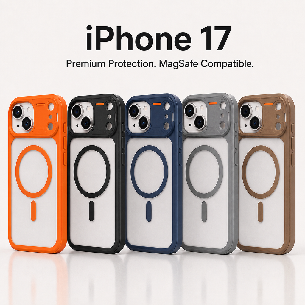 Five MagSafe-compatible iPhone 17 cases in orange, black, navy, gray, and brown are lined up on a light beige background with text reading 'iPhone 17 Premium Protection. MagSafe Compatible.
