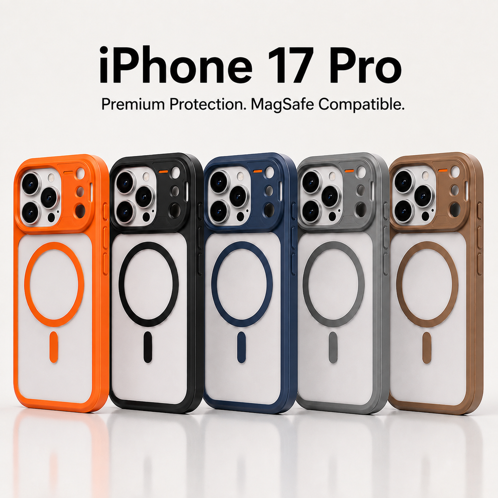 Five MagSafe-compatible iPhone 17 Pro cases in orange, black, navy, gray, and brown are lined up on a light gray background with text reading 'iPhone 17 Pro Premium Protection. MagSafe Compatible.
