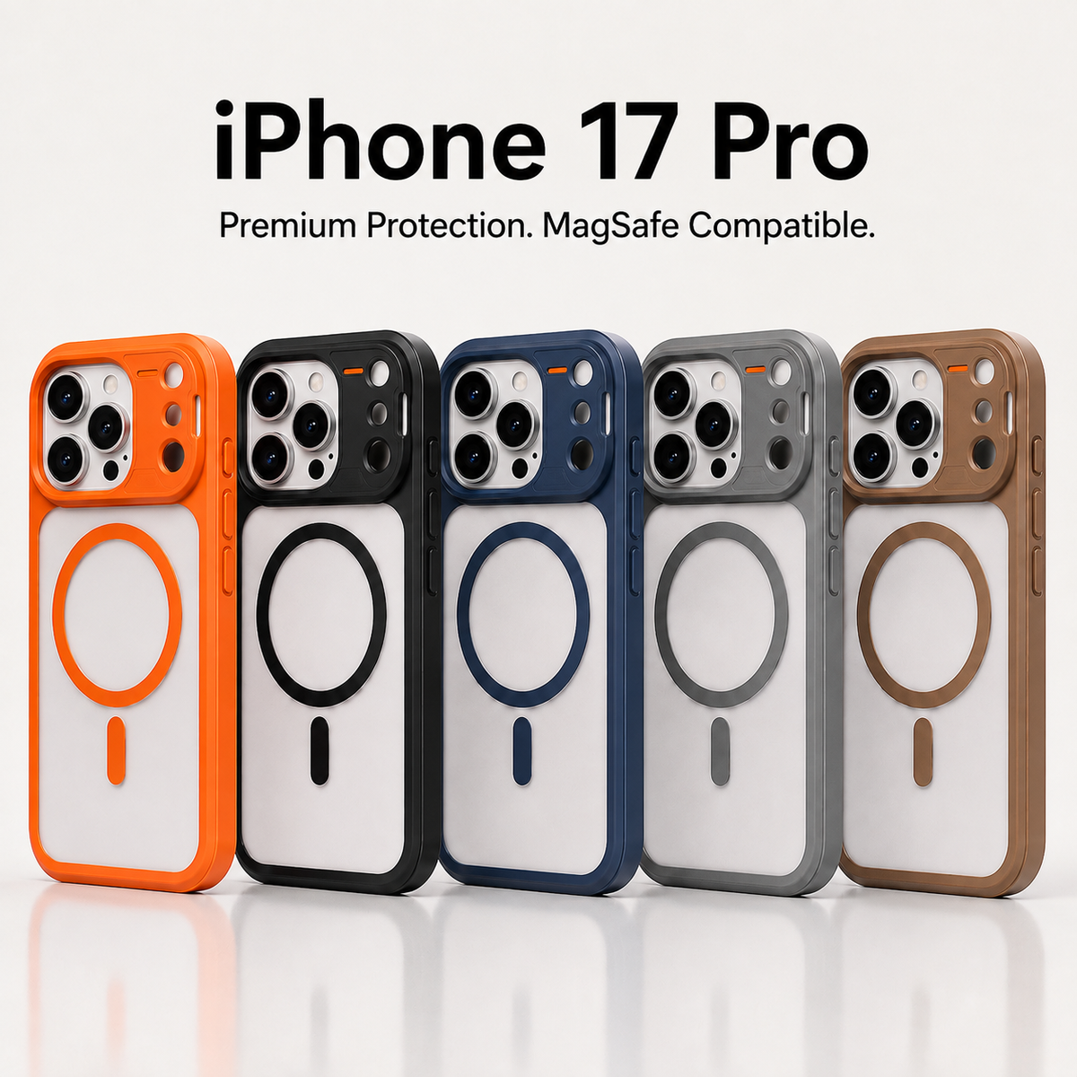 Five MagSafe-compatible iPhone 17 Pro cases in orange, black, navy, gray, and brown are lined up on a light gray background with text reading 'iPhone 17 Pro Premium Protection. MagSafe Compatible.