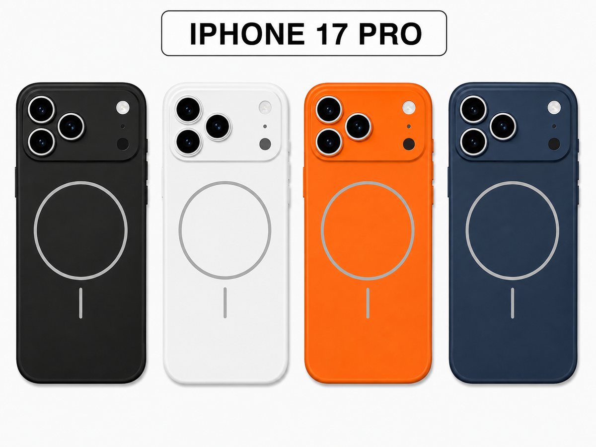 Four MagSafe-compatible iPhone 17 Pro phone cases shown in black, white, orange, and navy blue, with a text header reading 'IPHONE 17 PRO' on a light gray background.