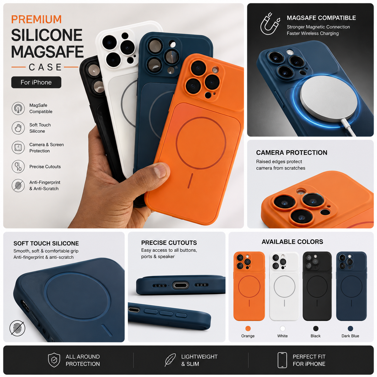 A promotional collage for a premium silicone magSafe case for iPhone, showing a hand holding several phone cases in black, white, blue, and orange, with feature callouts, compatibility graphics, and available color options.