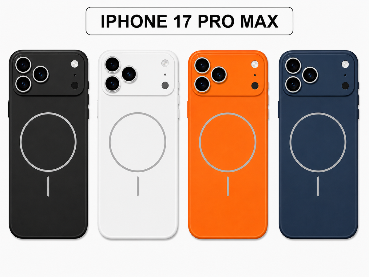 Four phone skin or back cover options shown for iPhone 17 Pro Max, in black, white, orange, and navy blue, each with a circular MagSafe-style ring design on the back. The text 'IPHONE 17 PRO MAX' appears at the top.