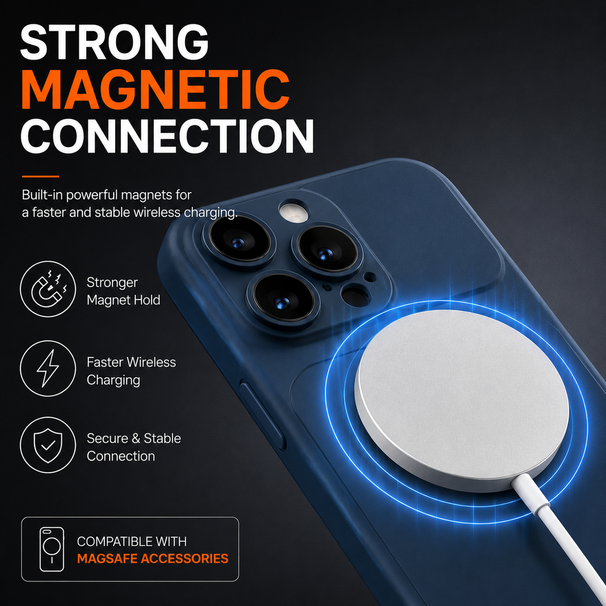 A dark blue smartphone case with a MagSafe-compatible white circular magnetic ring shown on the back, with glowing blue charging effect rings and text reading 'STRONG MAGNETIC CONNECTION' and 'Compatible with MagSafe accessories.'.
