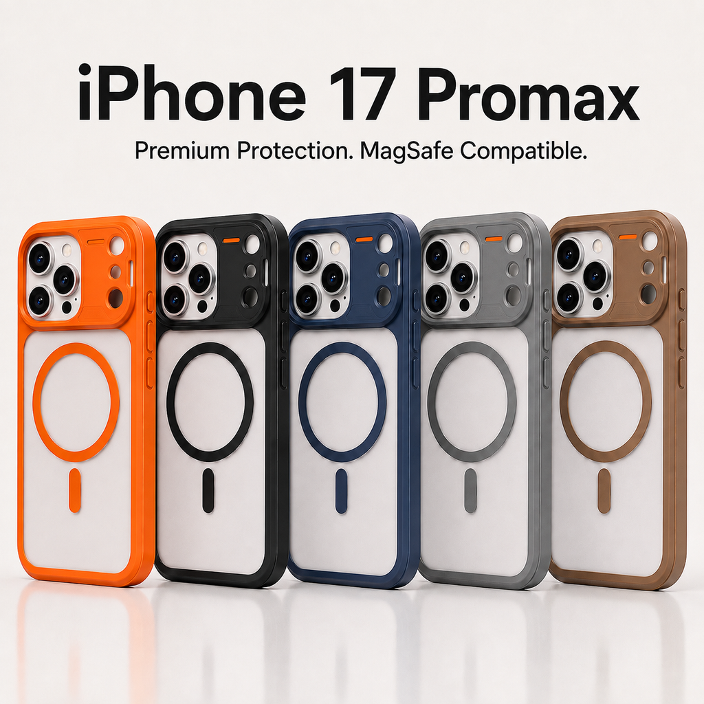 Five MagSafe-compatible iPhone 17 Promax phone cases in orange, black, navy, gray, and brown, lined up on a reflective white surface with text above reading 'iPhone 17 Promax Premium Protection. MagSafe Compatible.