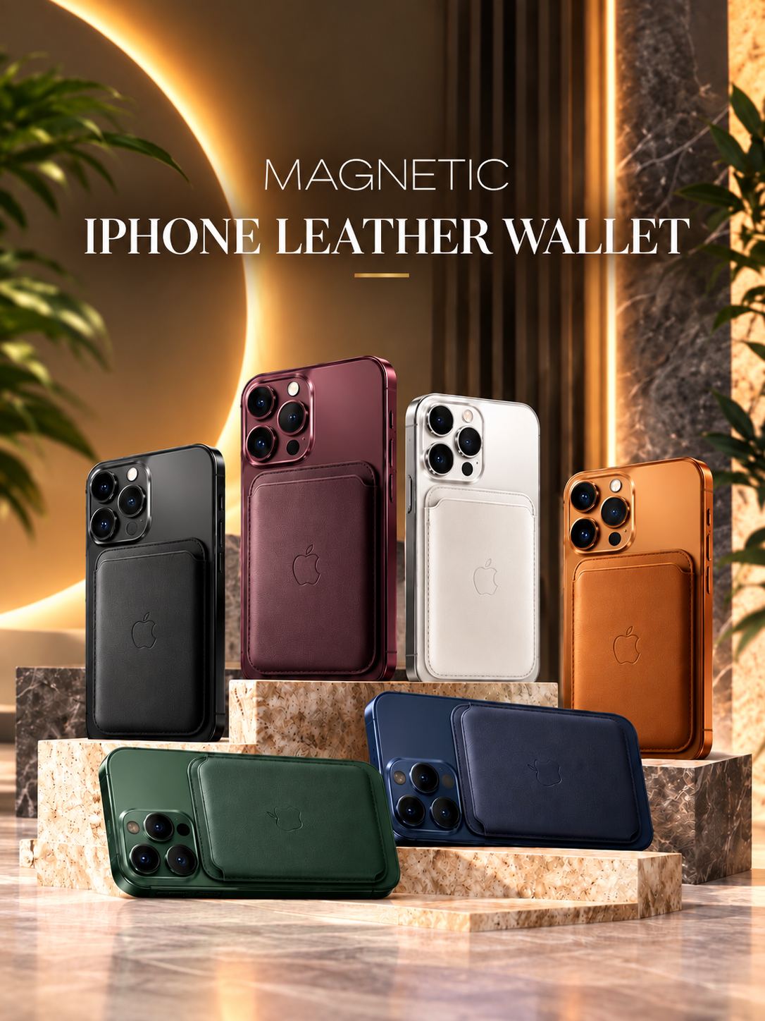 Six magnetic iPhone leather wallets in different colors (black, burgundy, white, copper, green, and navy) are displayed on stone pedestals with iPhones inserted. The background features a warm, modern interior with a glowing circular light and marble textures.