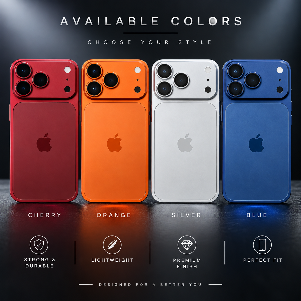 Four smartphone back panels shown side by side in red, orange, silver, and blue, with the text 'AVAILABLE COLORS' above and color names below each phone. The Apple logo is visible on each device.