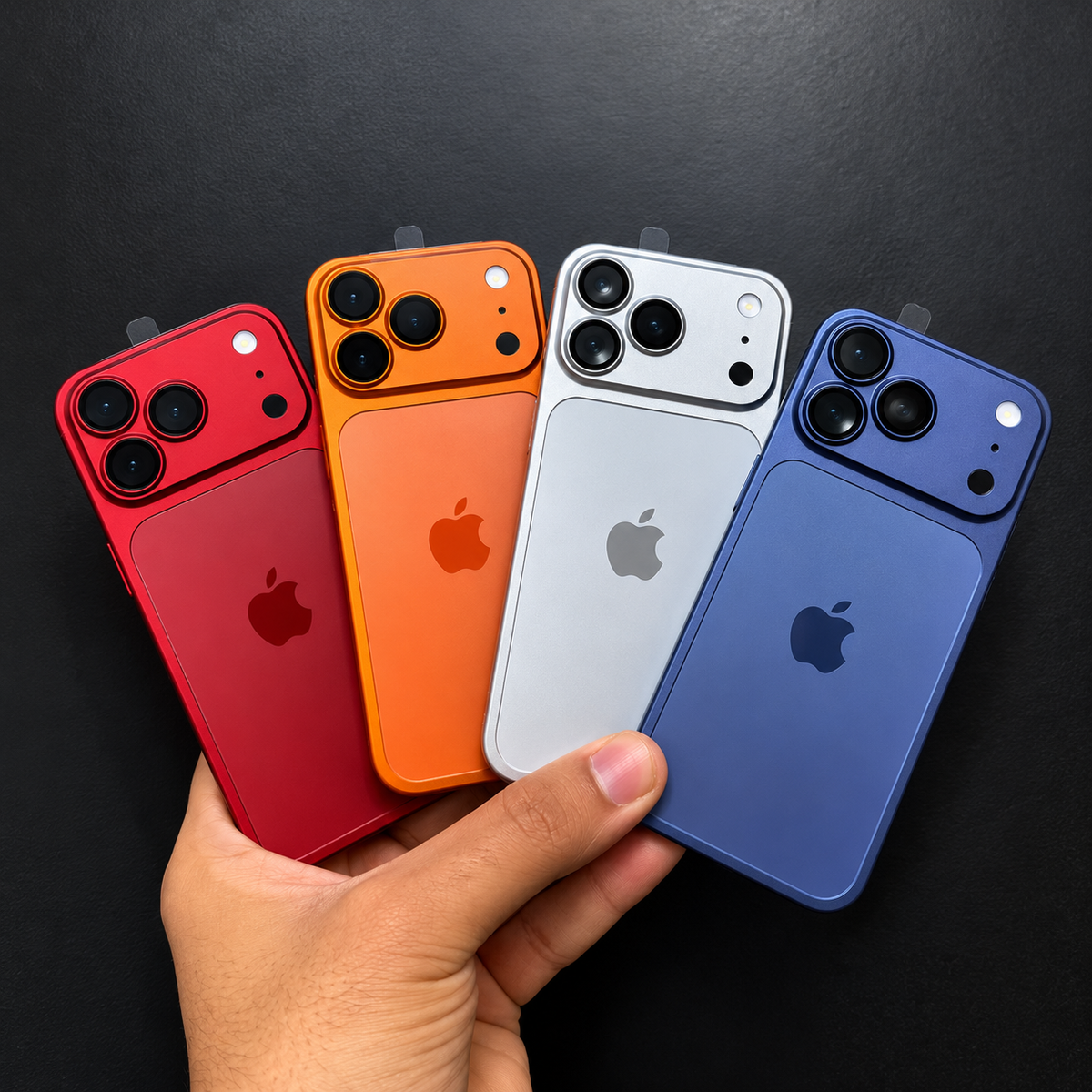 Four Apple iPhone back panels in red, orange, silver, and blue are held in a hand against a dark background.