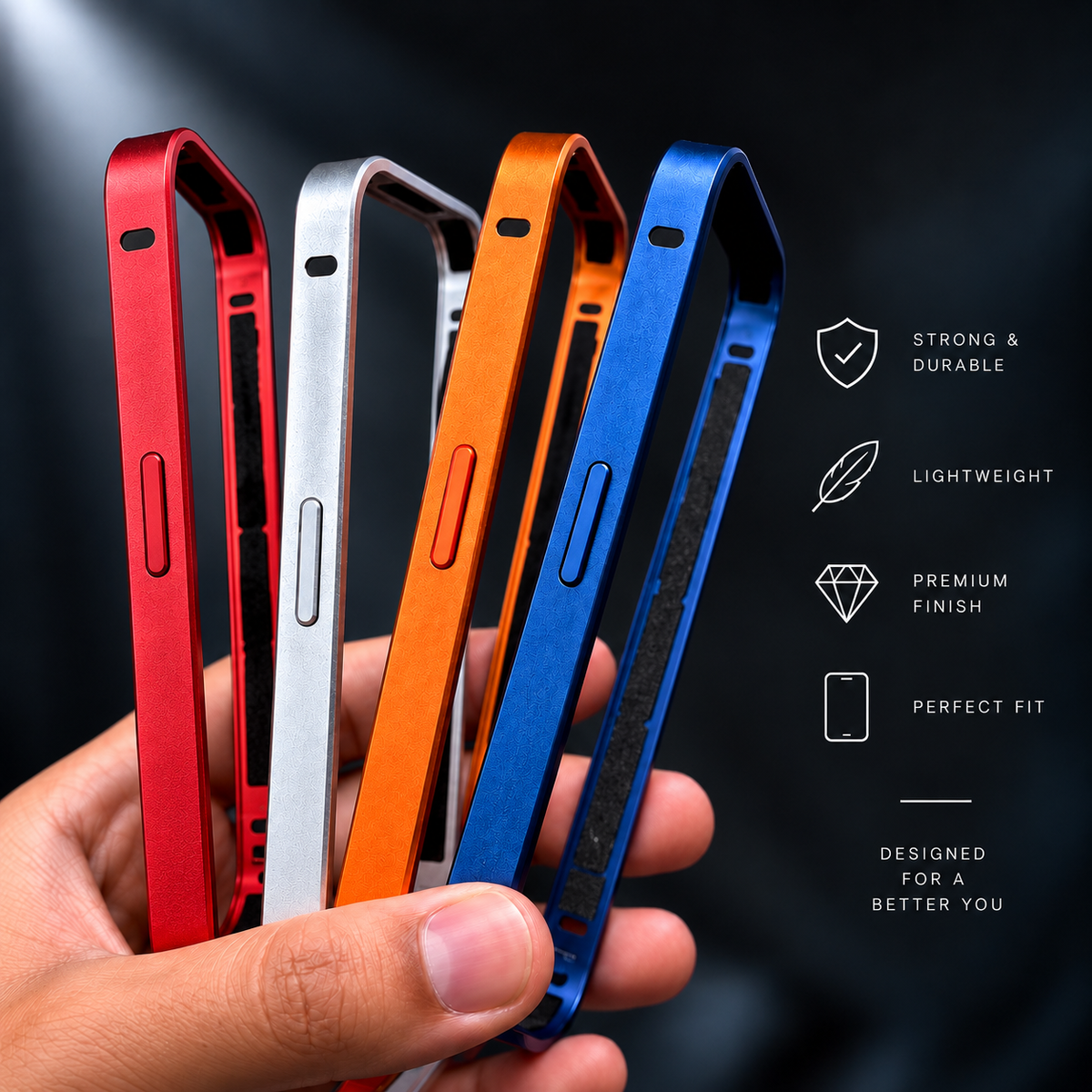 Four metallic phone cases in red, silver, orange, and blue are held in a hand against a dark background, with feature icons and text on the right highlighting durability, lightweight design, premium finish, and perfect fit.