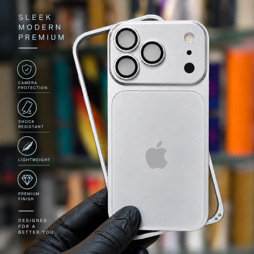 A hand in a black glove holds a silver smartphone case with a transparent outer frame and camera protection rings, set against a blurred library background. Text on the left lists features like camera protection, shock resistance, lightweight design, and premium finish.