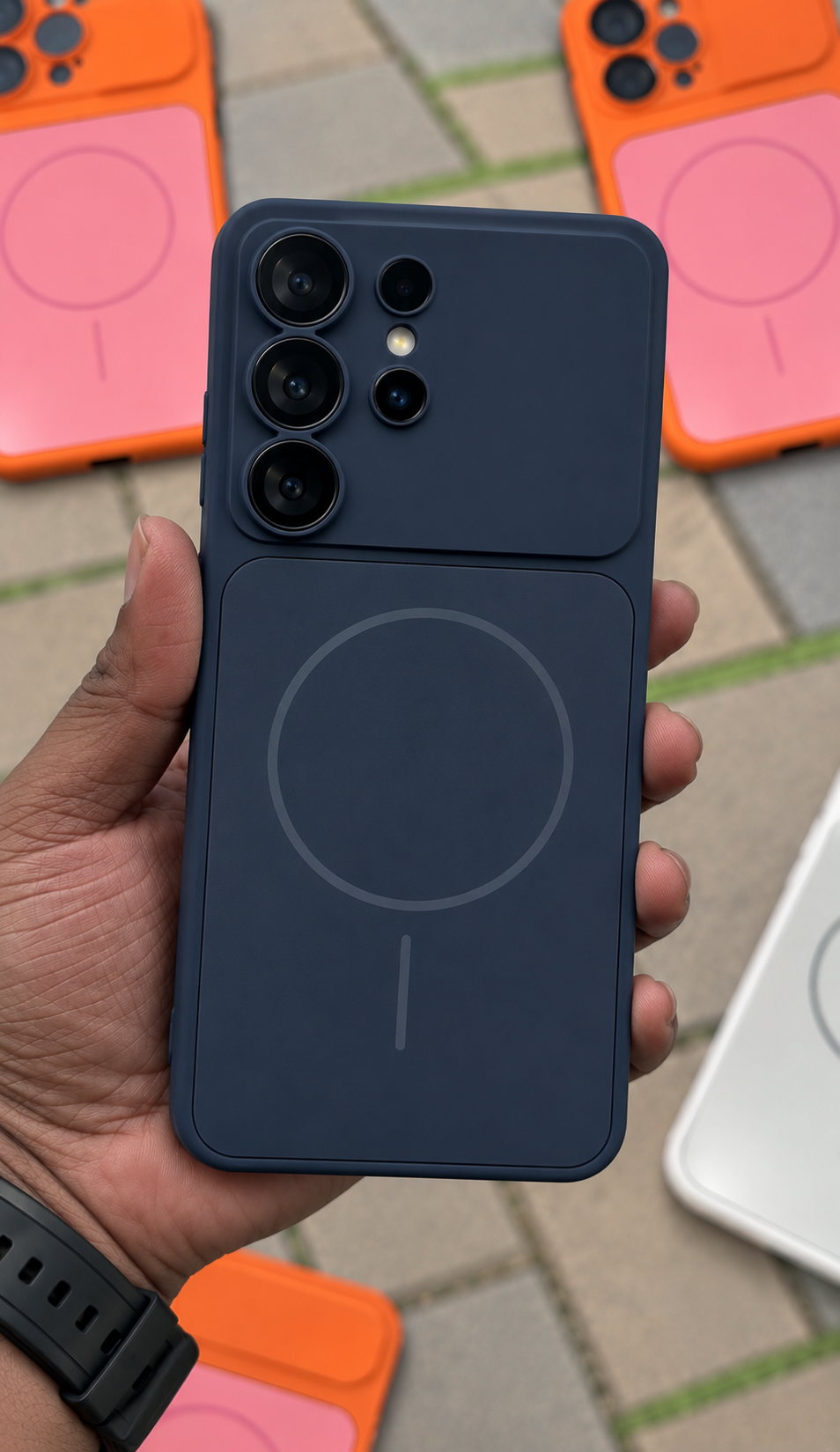A hand holding a dark navy blue smartphone case with a large MagSafe-compatible circular magnetic ring on the back, photographed outdoors on a paved surface with other colorful phone cases visible in the background.