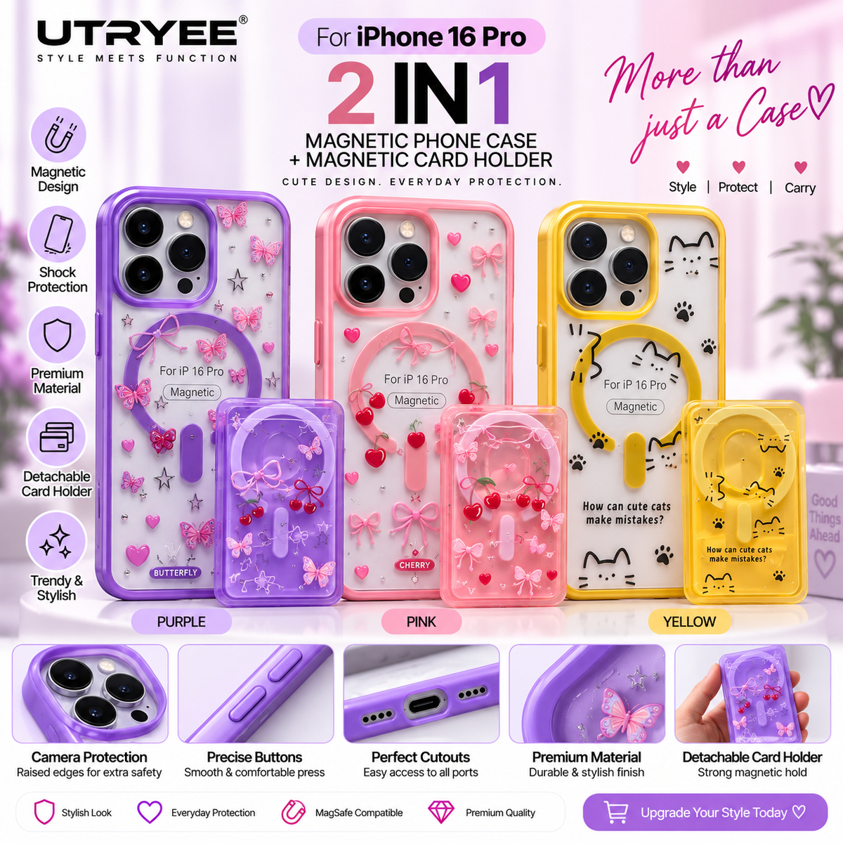 UTRYEE 2-in-1 Magnetic iPhone Case + Detachable Card Holder for iPhone 16 Pro