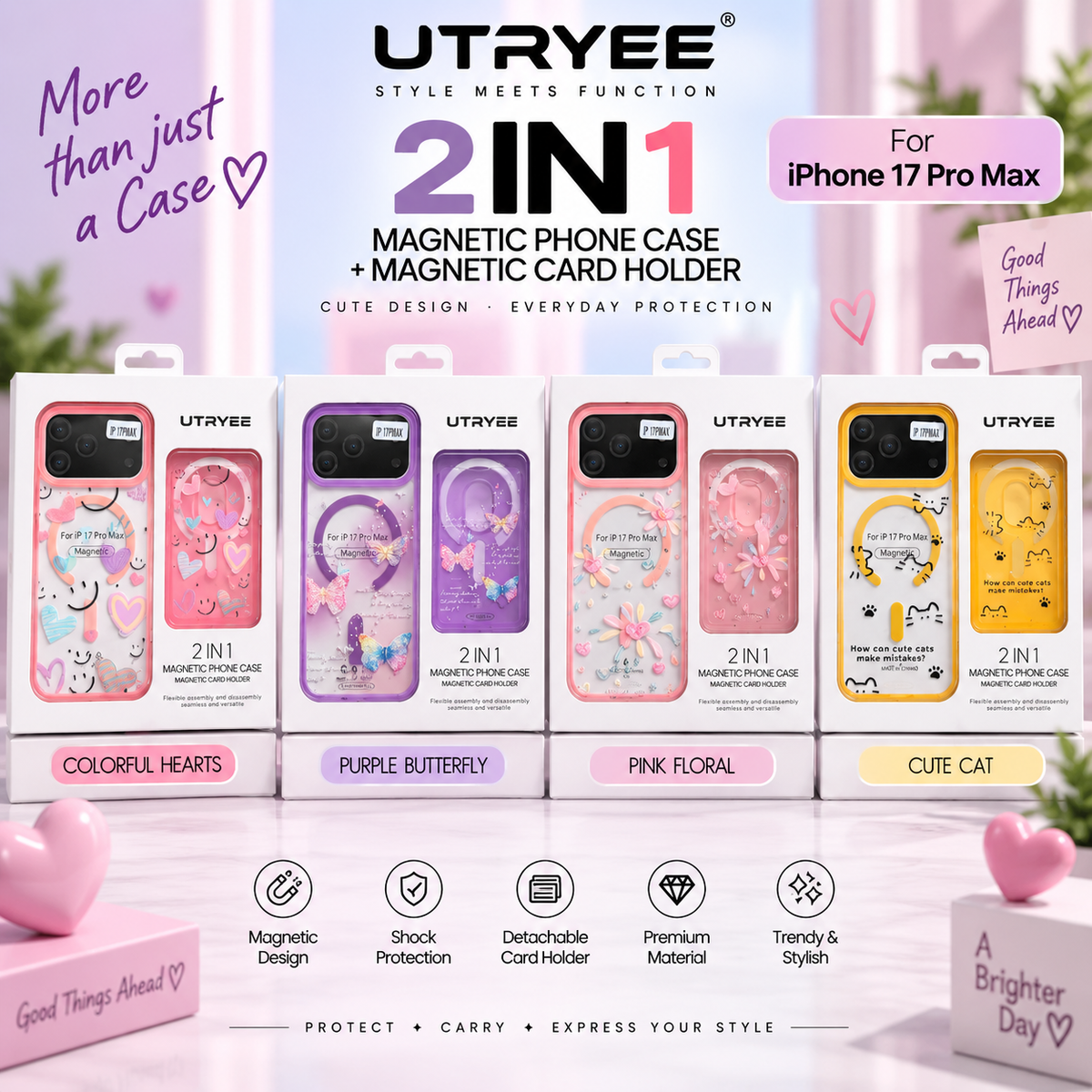 UTRYEE 2-in-1 Magnetic iPhone Case + Detachable Card Holder for iPhone 17 Pro Max