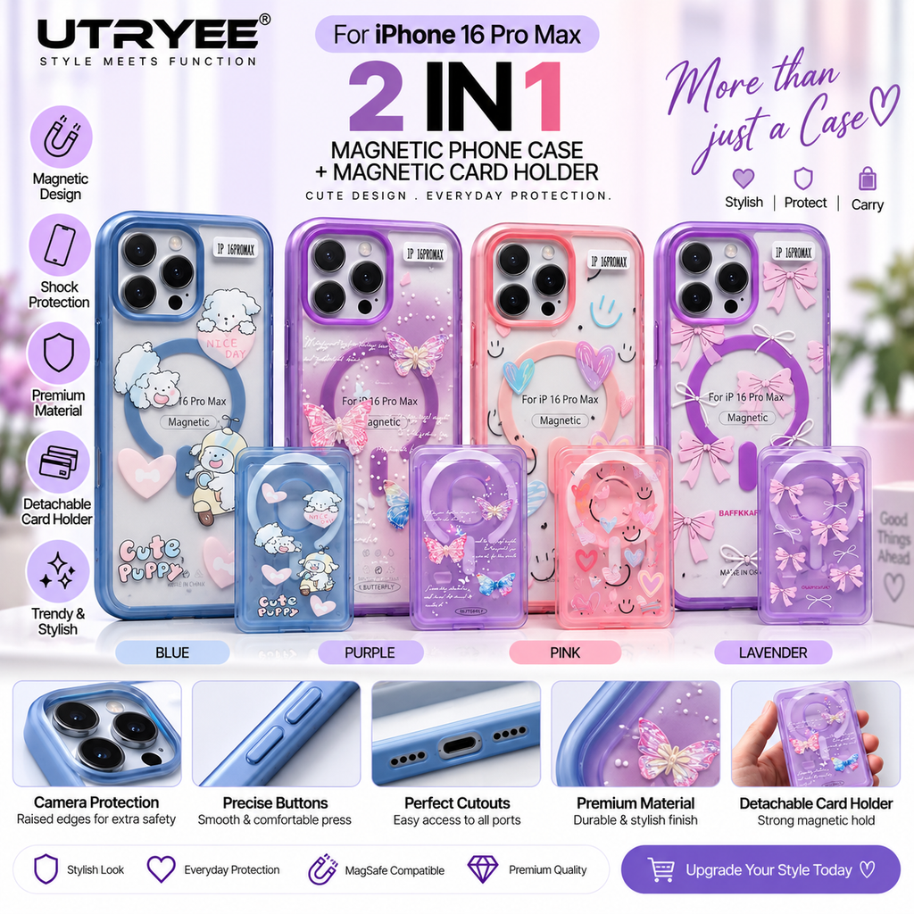 UTRYEE 2-in-1 Magnetic iPhone Case + Detachable Card Holder for iPhone 16 Pro Max
