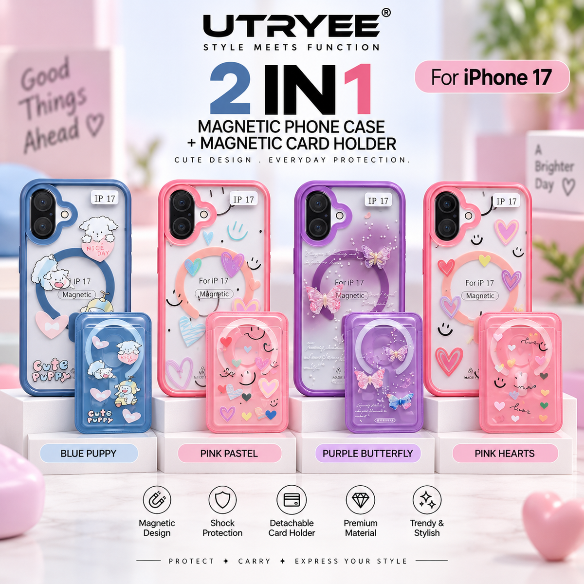 UTRYEE 2-in-1 Magnetic iPhone Case + Detachable Card Holder for iPhone 17