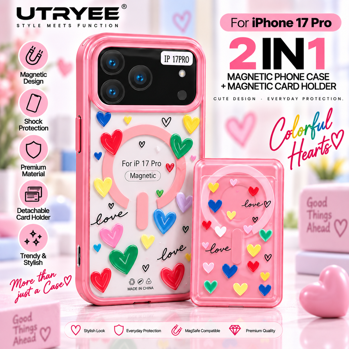 UTRYEE 2-in-1 Magnetic iPhone Case + Detachable Card Holder for iPhone 17 Pro