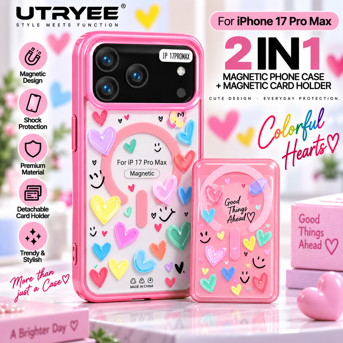 UTRYEE 2-in-1 Magnetic iPhone Case + Detachable Card Holder for iPhone 17 Pro Max