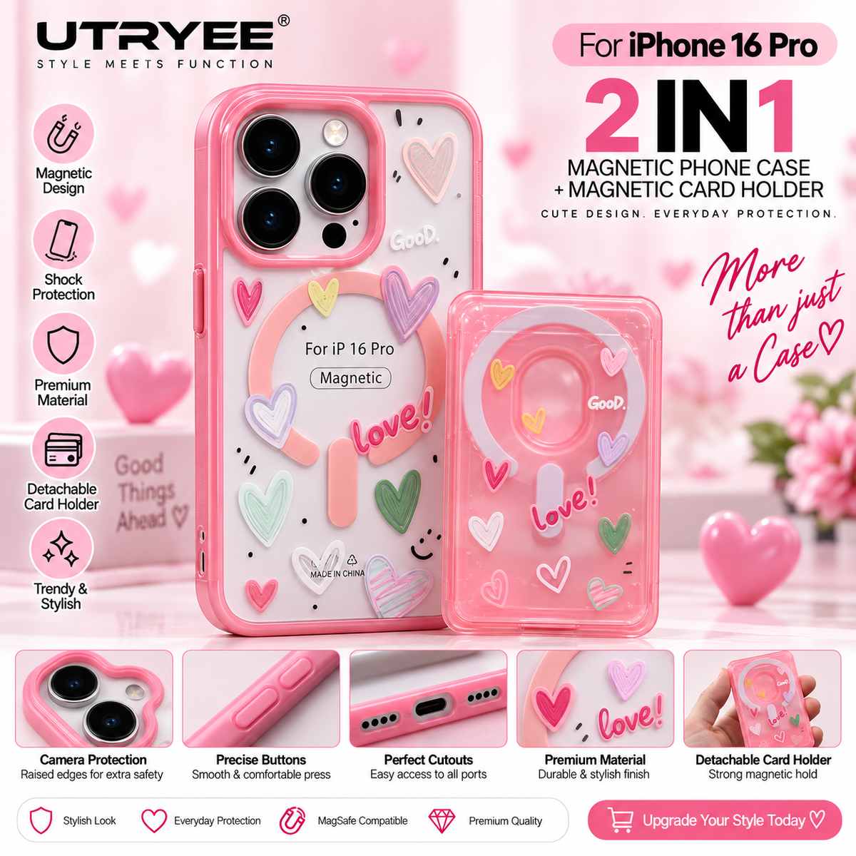 UTRYEE 2-in-1 Magnetic iPhone Case + Detachable Card Holder for iPhone 16 Pro