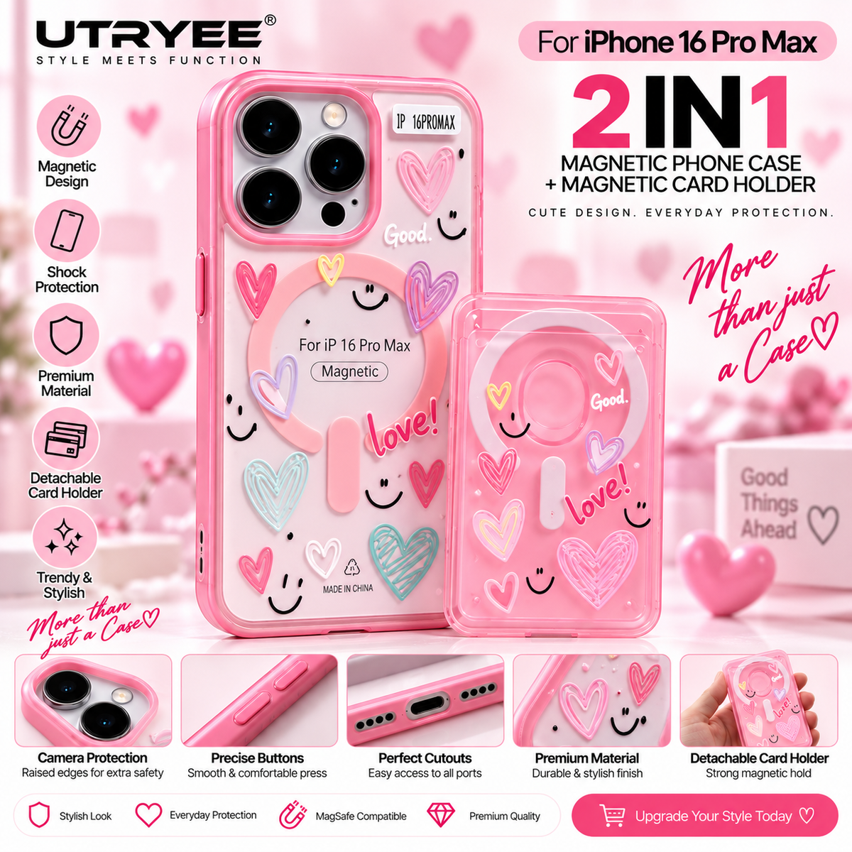 UTRYEE 2-in-1 Magnetic iPhone Case + Detachable Card Holder for iPhone 16 Pro Max