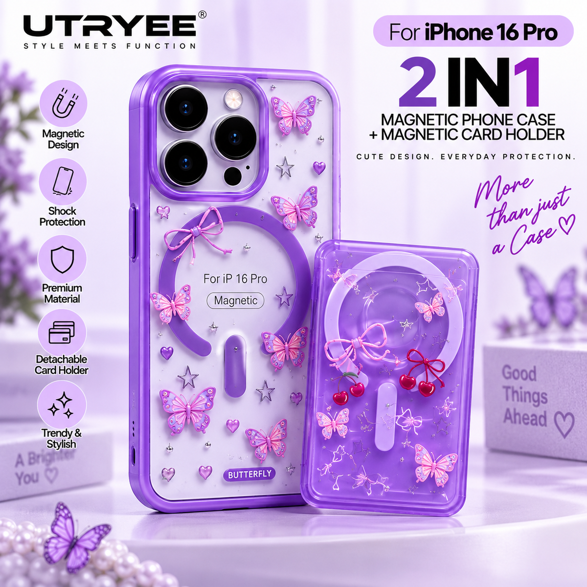 UTRYEE 2-in-1 Magnetic iPhone Case + Detachable Card Holder for iPhone 16 Pro