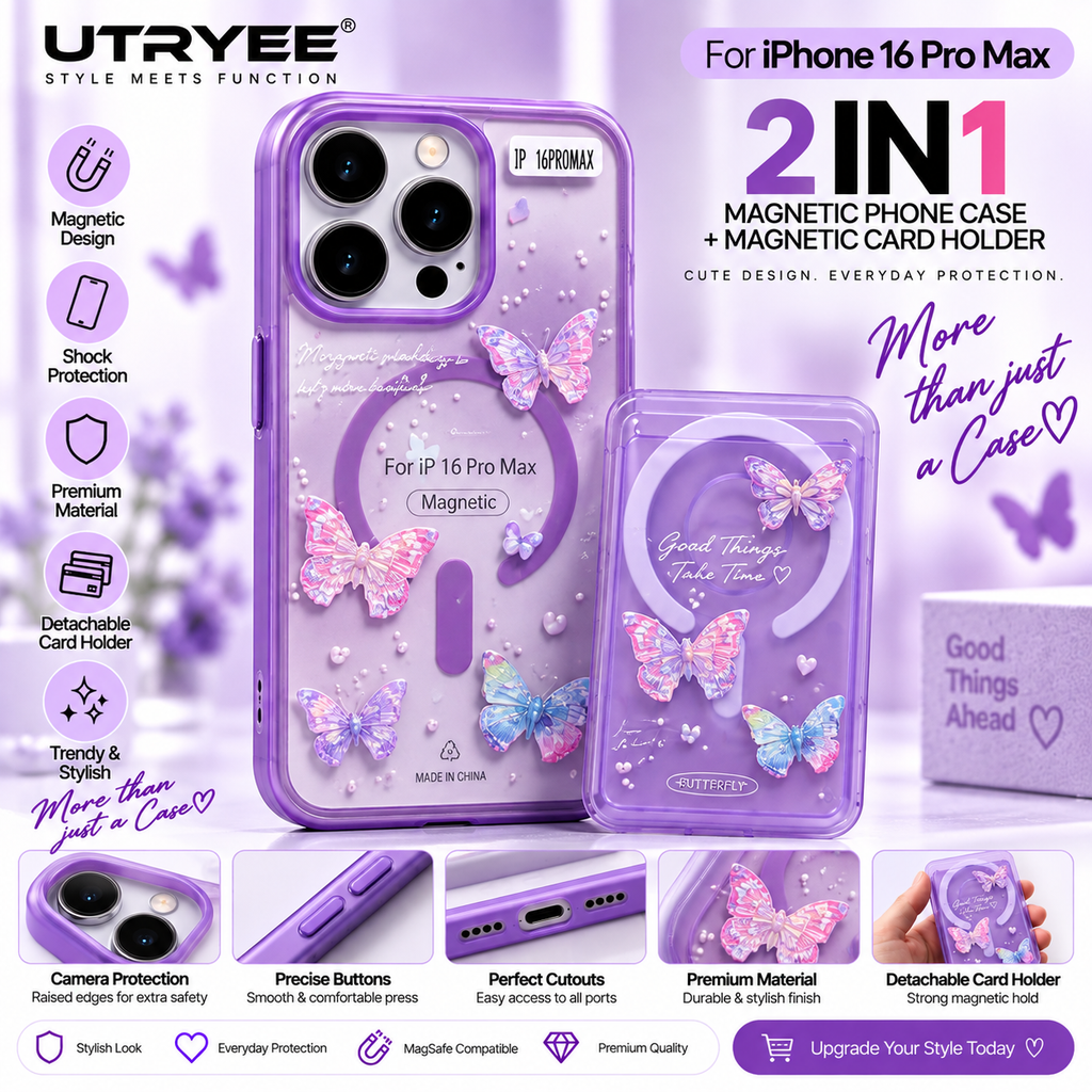 UTRYEE 2-in-1 Magnetic iPhone Case + Detachable Card Holder for iPhone 16 Pro Max