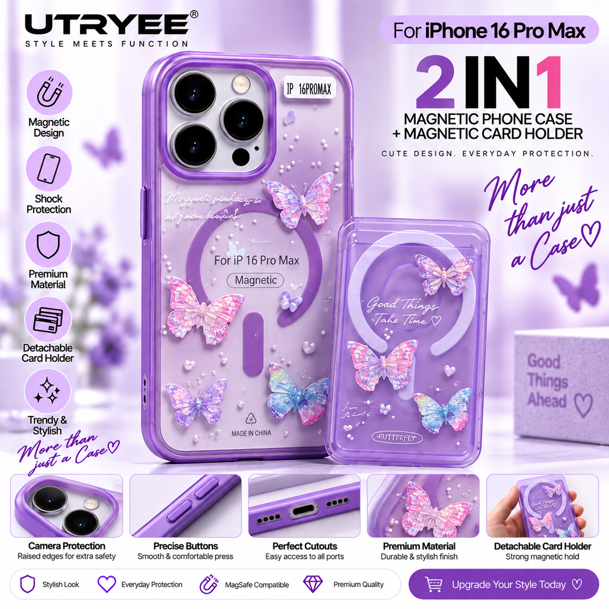 UTRYEE 2-in-1 Magnetic iPhone Case + Detachable Card Holder for iPhone 16 Pro Max