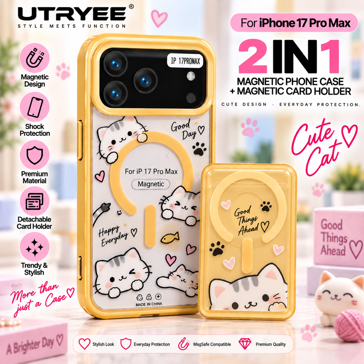 UTRYEE 2-in-1 Magnetic iPhone Case + Detachable Card Holder for iPhone 17 Pro Max