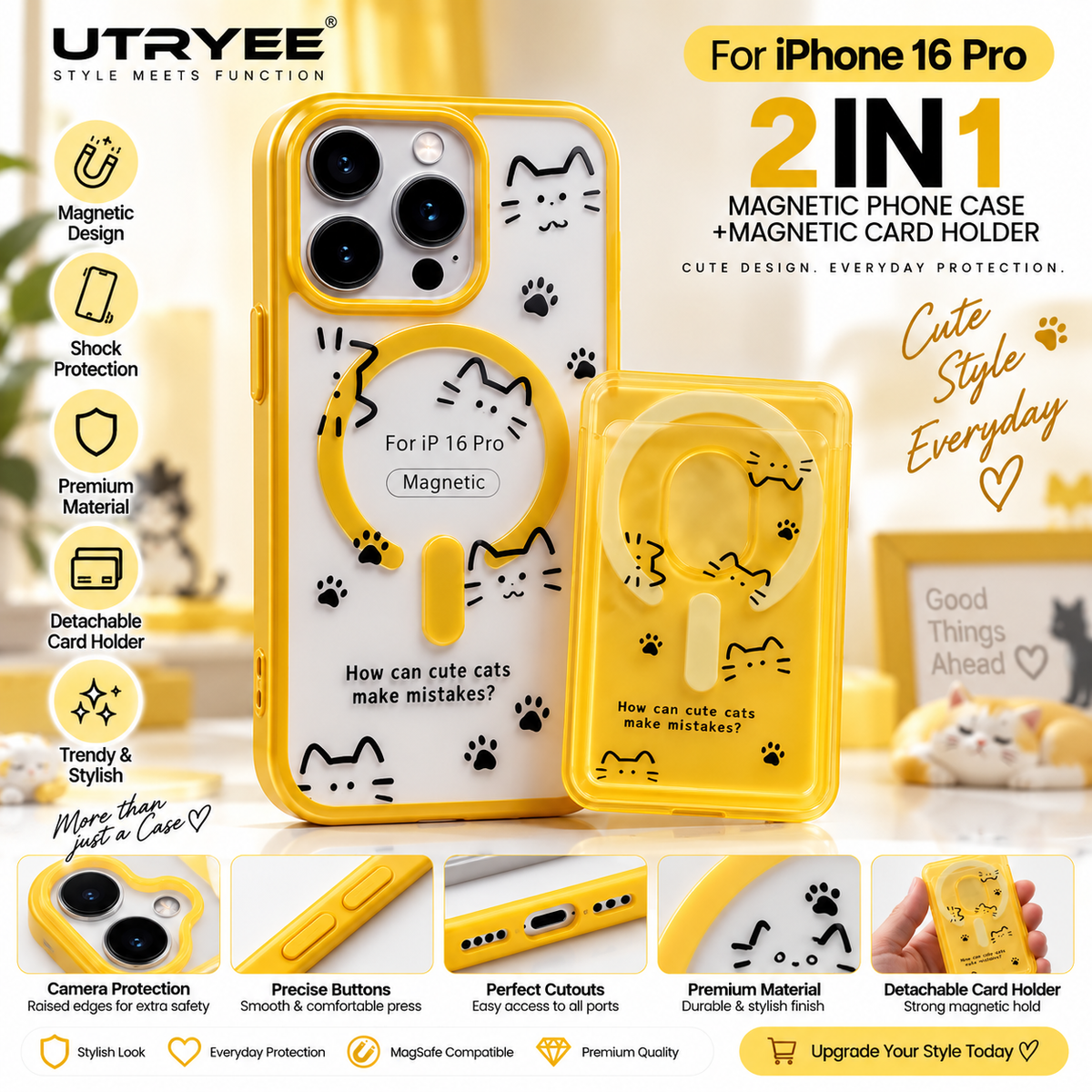 UTRYEE 2-in-1 Magnetic iPhone Case + Detachable Card Holder for iPhone 16 Pro