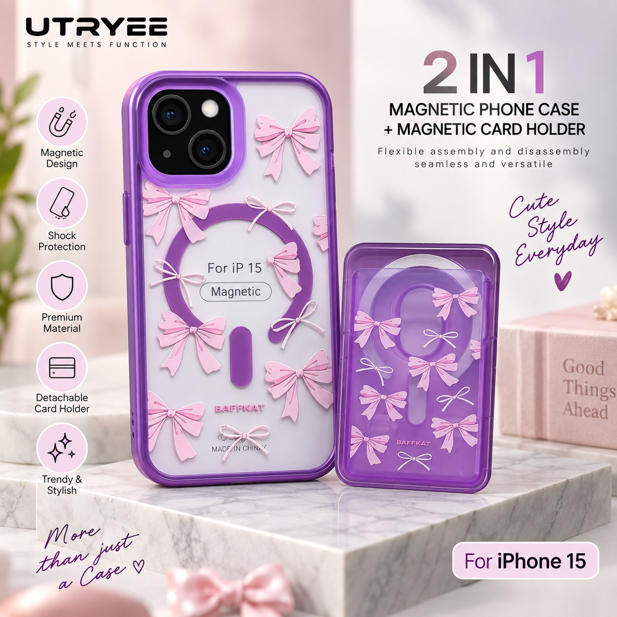 UTRYEE 2-in-1 Magnetic iPhone Case + Detachable Card Holder for iPhone 15