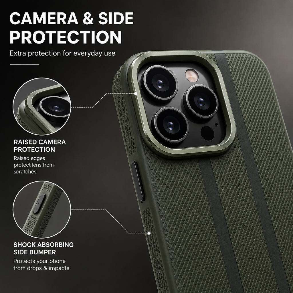 An olive green textured phone case with a raised camera bumper and side shock-absorbing bumper, shown on a dark background with feature callout graphics and text.