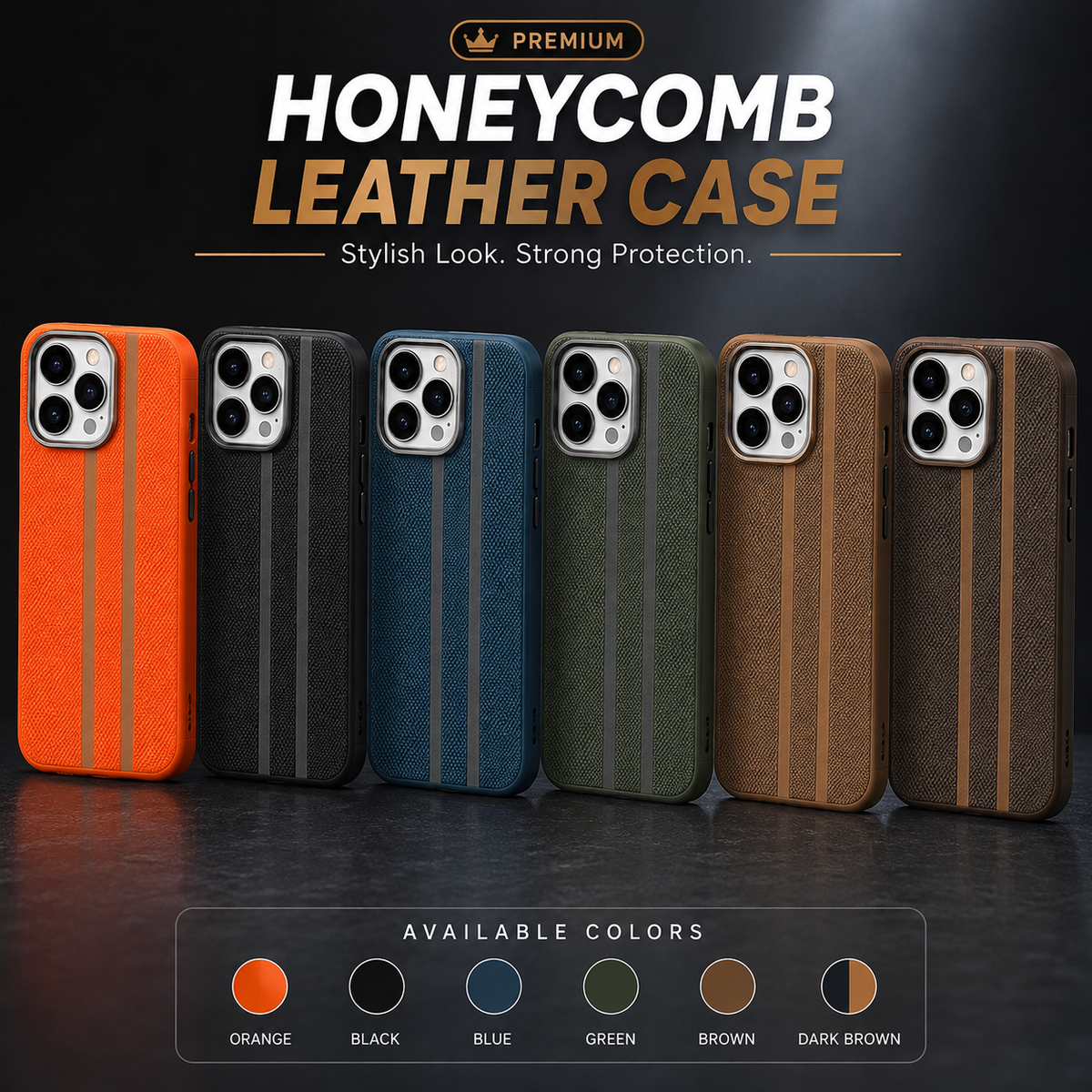 Six honeycomb leather phone cases in orange, black, blue, green, brown, and dark brown are lined up on a dark reflective surface under the text 'HONEYCOMB LEATHER CASE' and 'Stylish Look. Strong Protection.