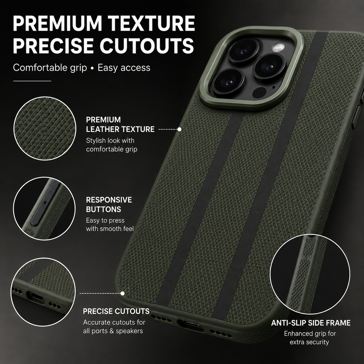 An olive green textured phone case with black double stripes, shown on a dark background with marketing callouts for premium texture, precise cutouts, responsive buttons, and anti-slip side frame.
